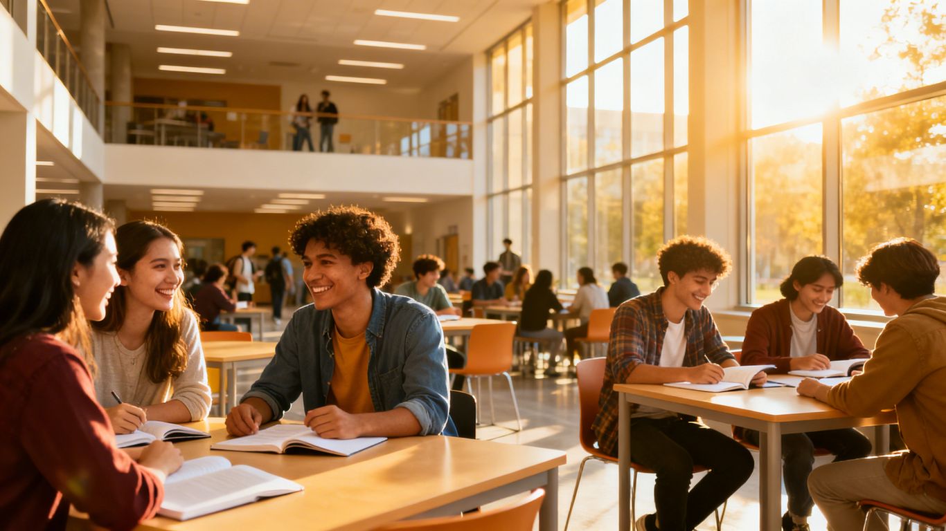 Estudantes sorrindo em uma faculdade moderna e acessível.