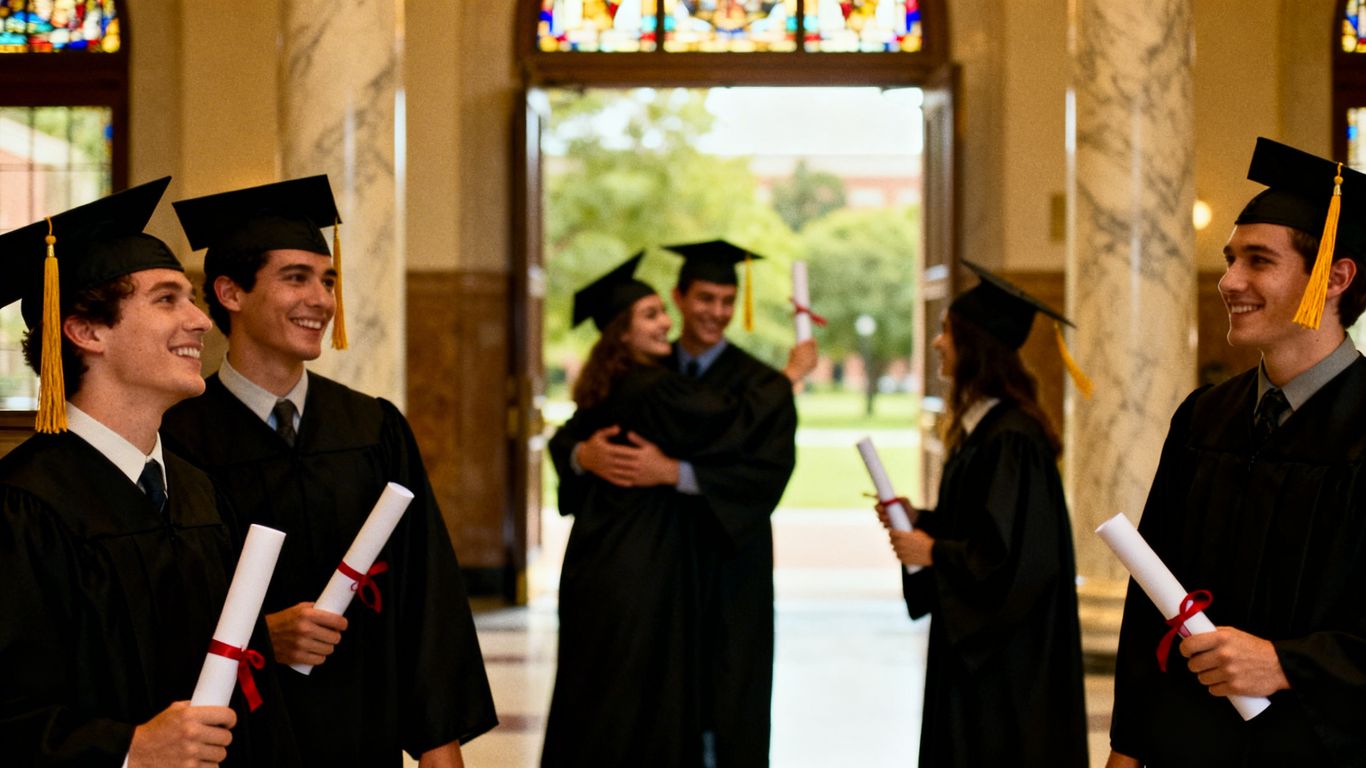 Formatura com alunos sorrindo e segurando diplomas.
