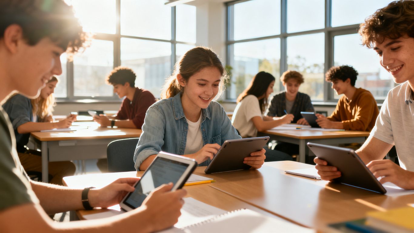 Estudantes aprendendo em sala de aula moderna com tecnologia.