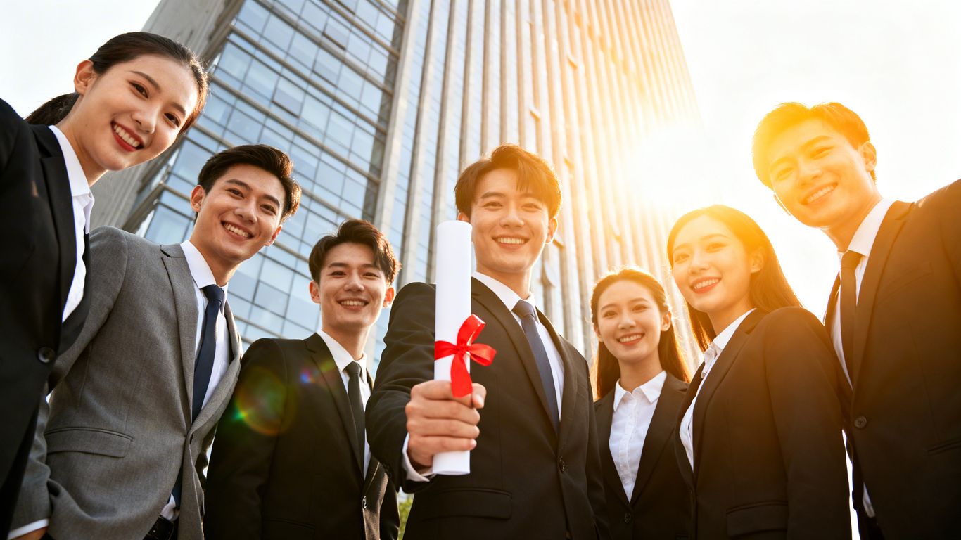 Estudantes sorrindo com diplomas em frente a um prédio moderno.