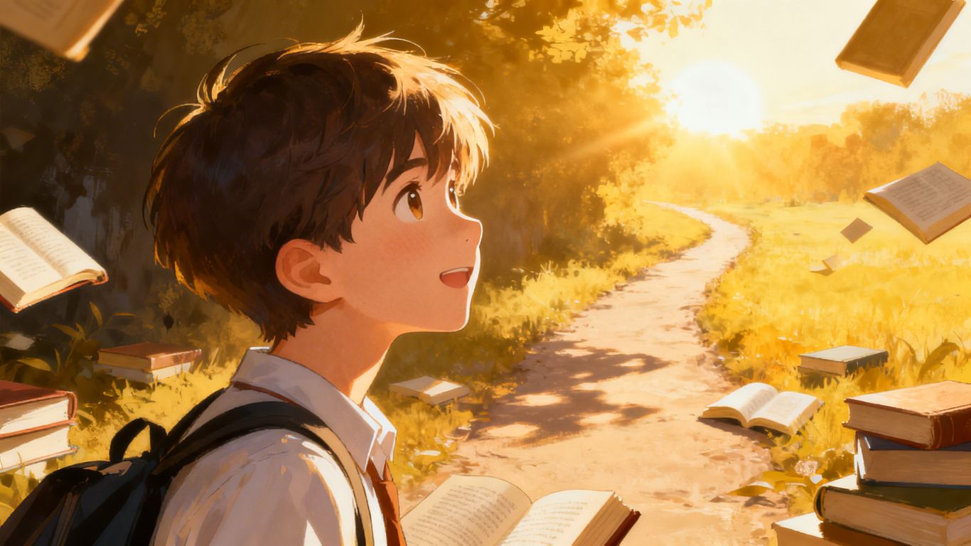 Estudante com esperança em um caminho de aprendizado.