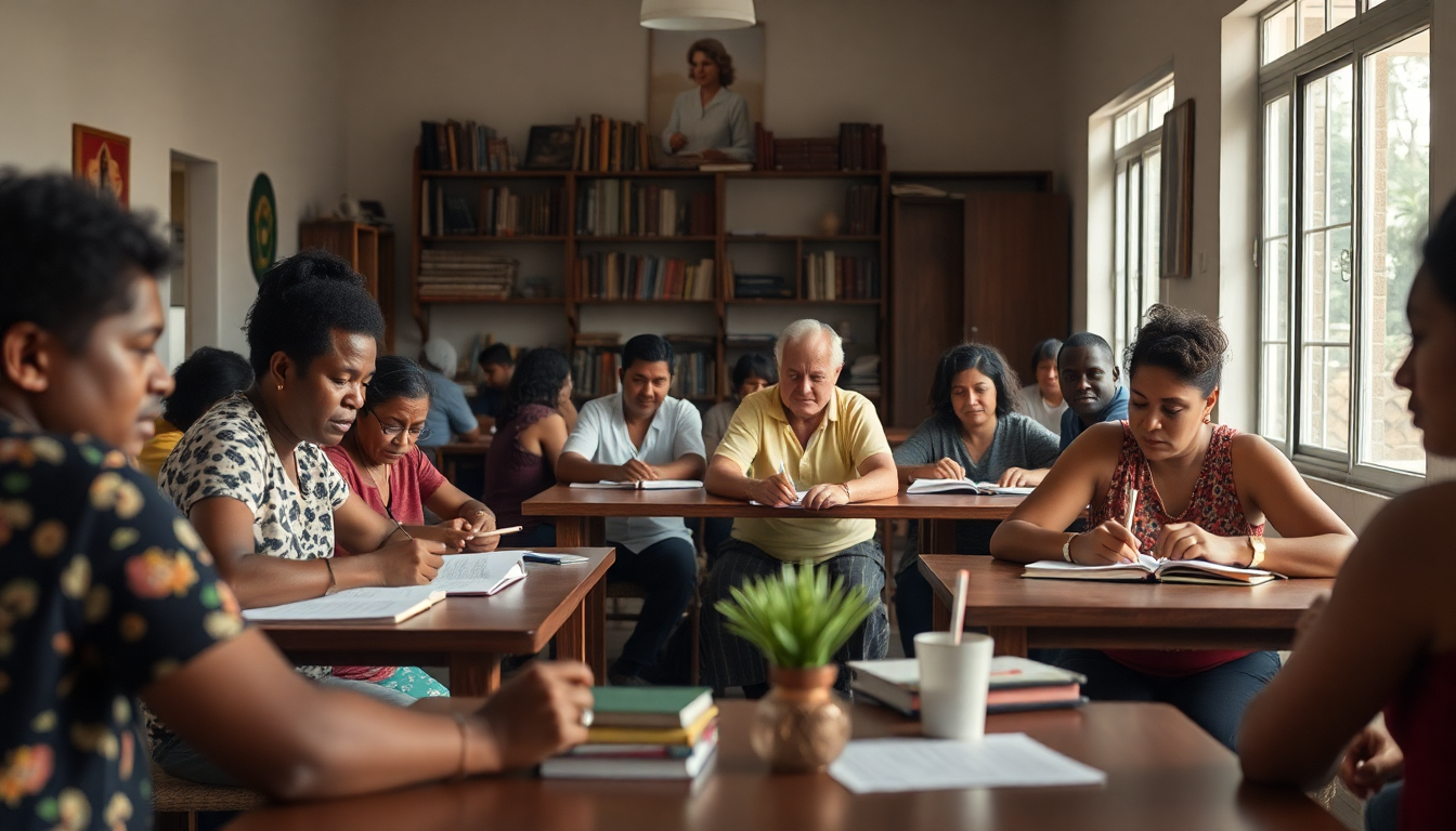 Estudantes adultos aprendendo juntos em uma associação educacional sem fins lucrativos no Brasil
