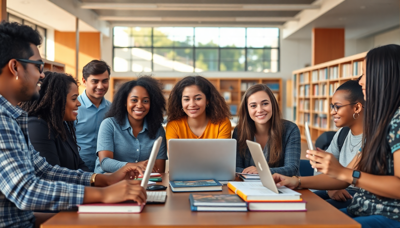 Estudantes com e sem deficiência estudando juntos em biblioteca universitária no Brasil