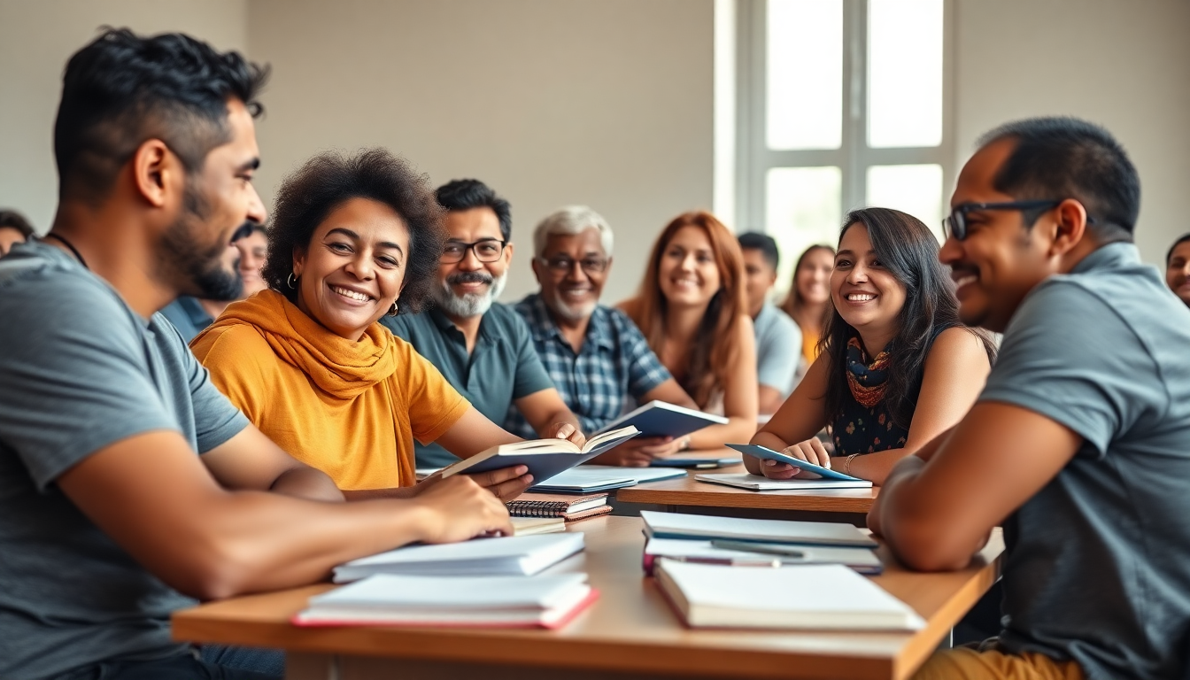 Adultos de diferentes idades estudando juntos em sala de aula do EJA 2025
