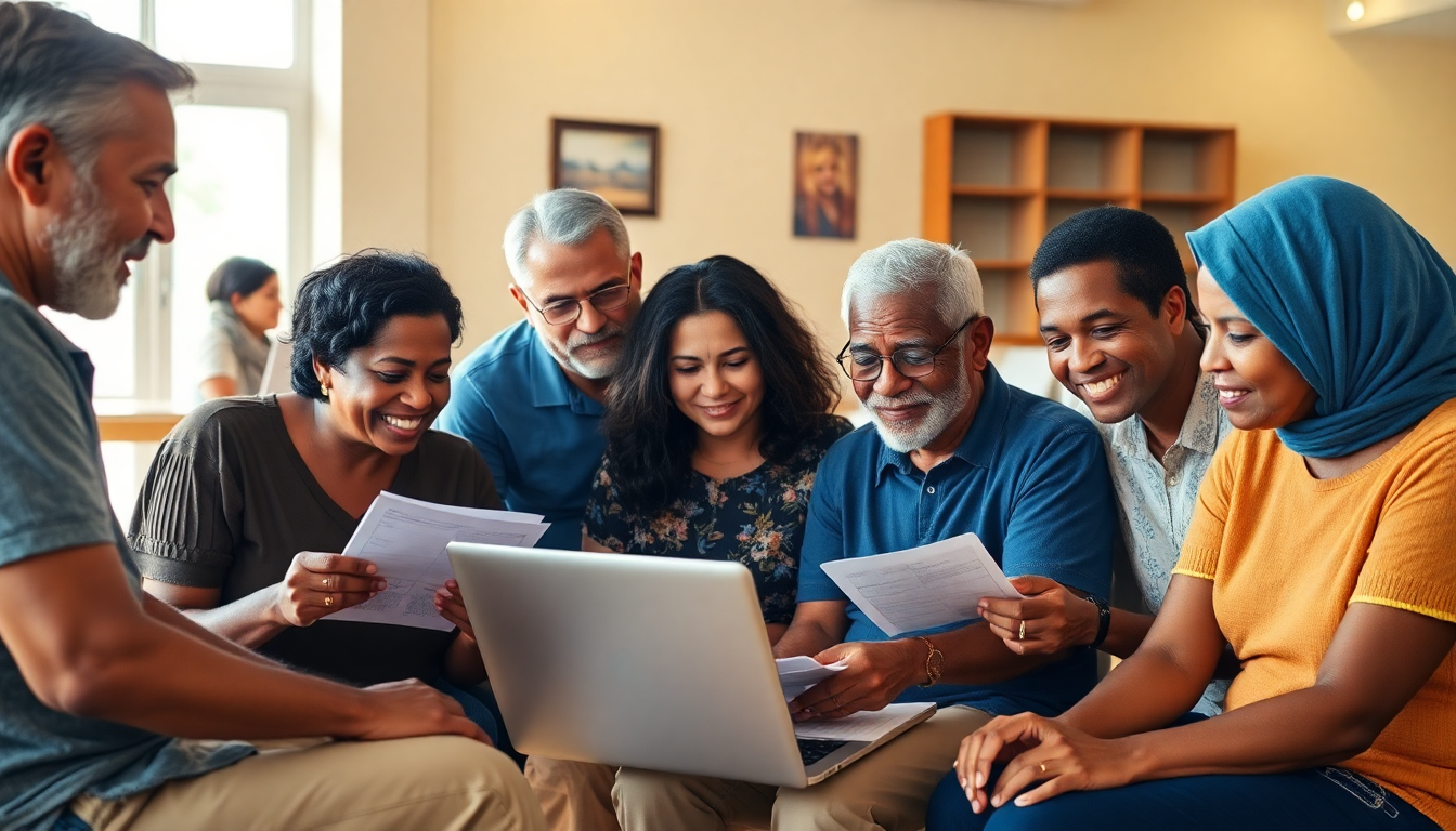Grupo diverso de adultos brasileiros consultando documentos educacionais em um centro comunitário iluminado