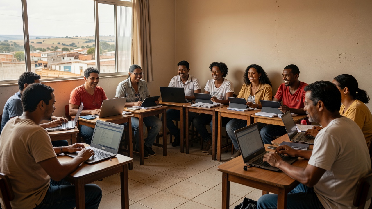 Sala de aula inclusiva com estudantes diversos em curso técnico EAD no Brasil