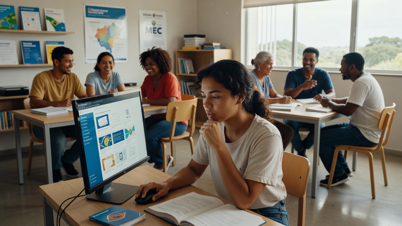 Estudante consultando catálogo de cursos técnicos