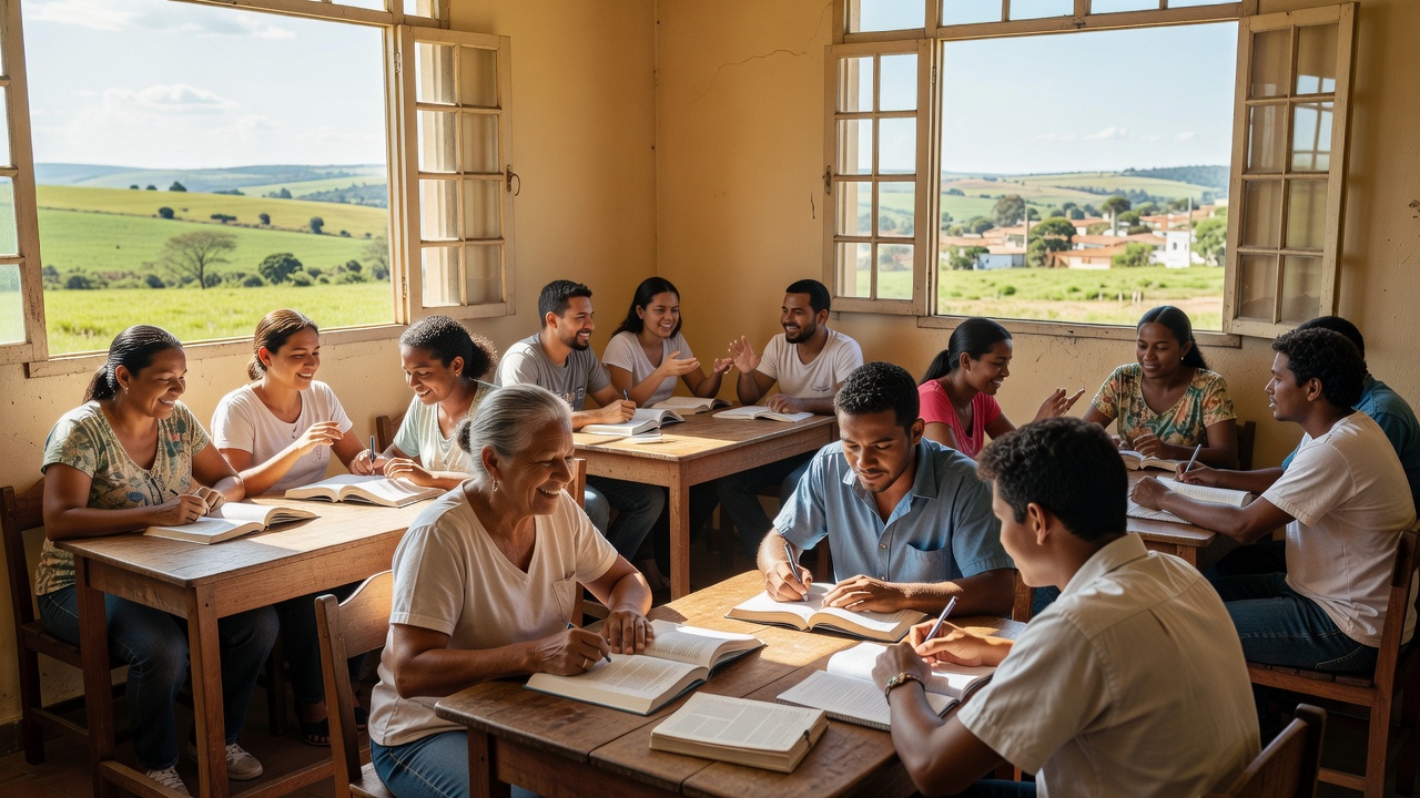 Grupo de estudantes adultos em sala de aula de EJA no Mato Grosso