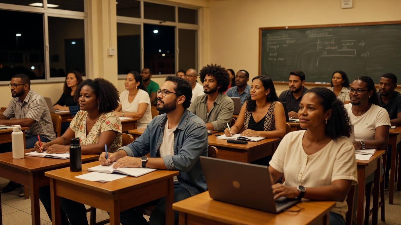 Aula noturna de ensino superior com trabalhadores