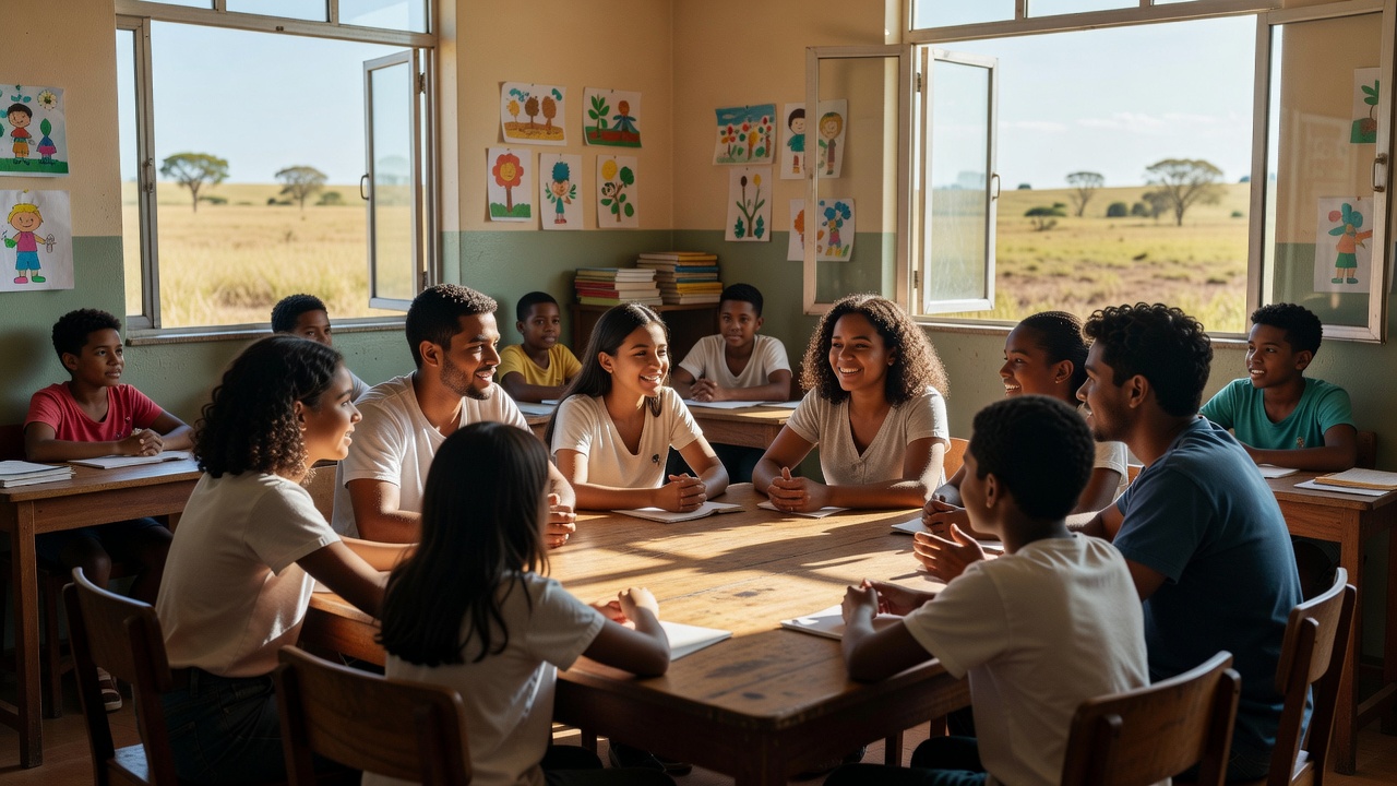 Ambiente escolar acolhedor com estudantes diversos discutindo saúde mental