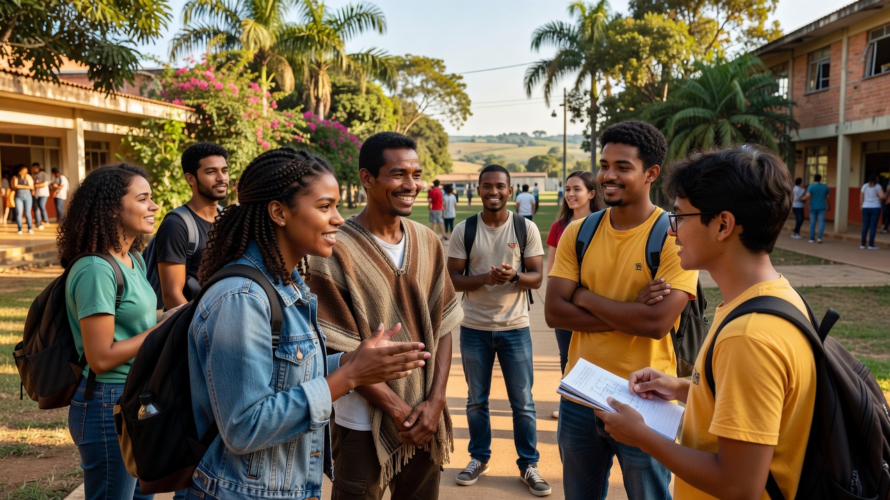 Estudantes universitários brasileiros em conversa no campus