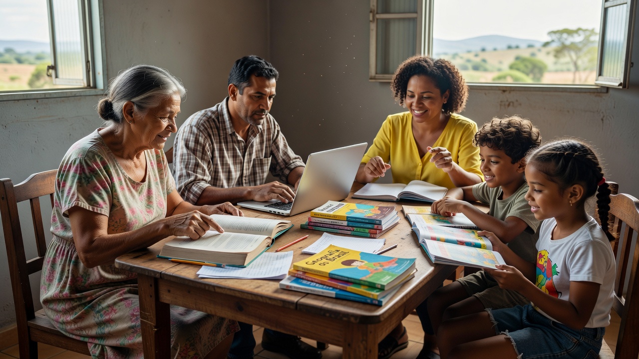 Família brasileira estudando em casa sobre qualificação profissional