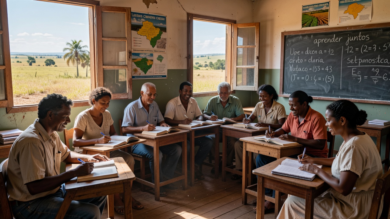 Grupo de estudantes da EJA em sala de aula em Mato Grosso