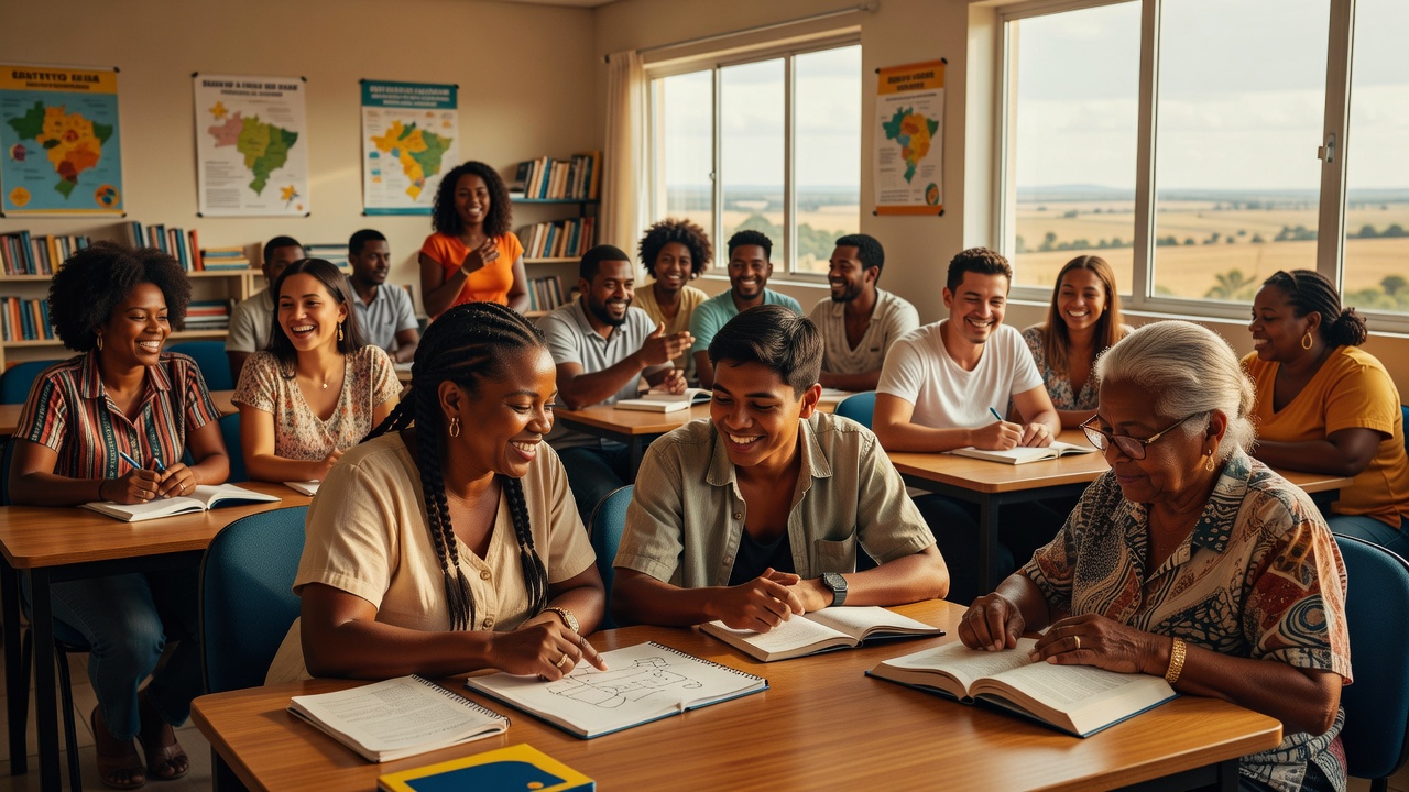 Pessoas diversas participando de atividades educacionais em associação comunitária no Brasil