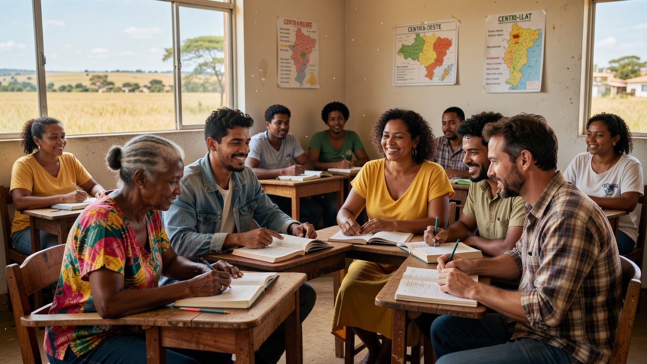 Grupo de adultos em sala de aula comunitária estudando juntos