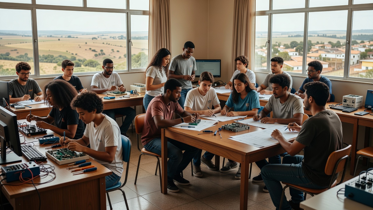 Estudantes em aula de ensino técnico no Brasil