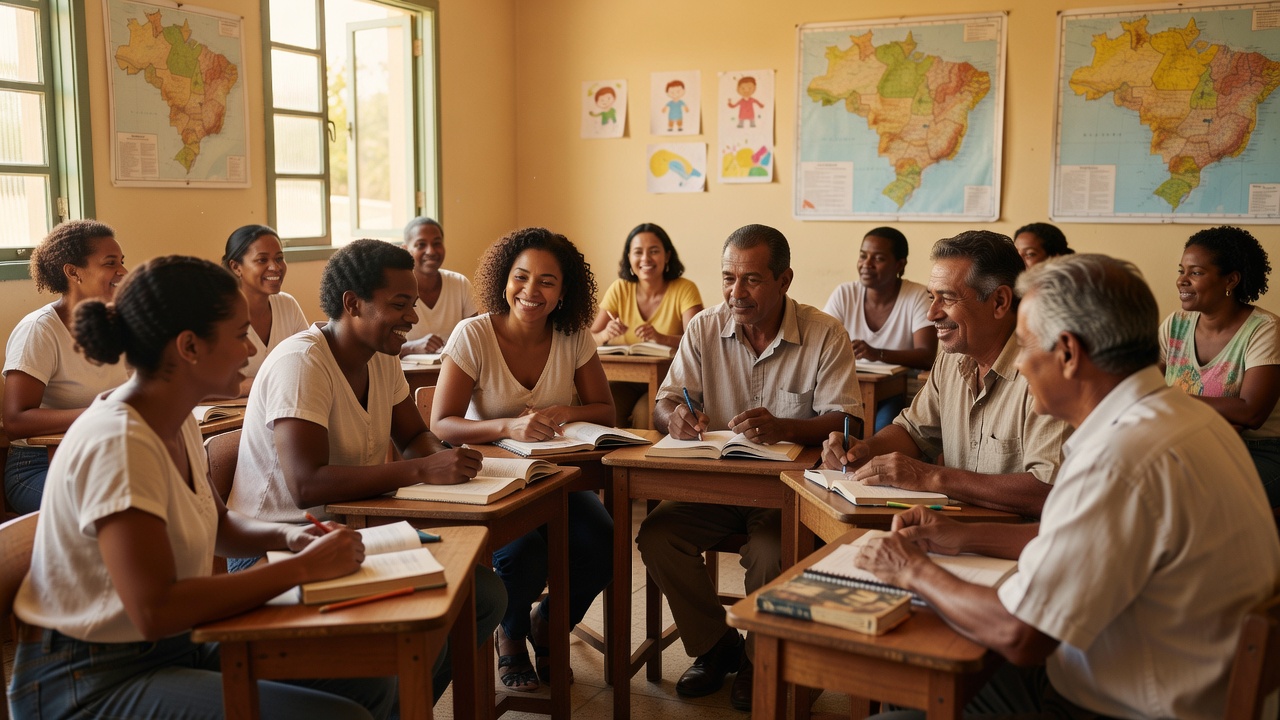 Pessoas estudando em sala de aula comunitária no Brasil