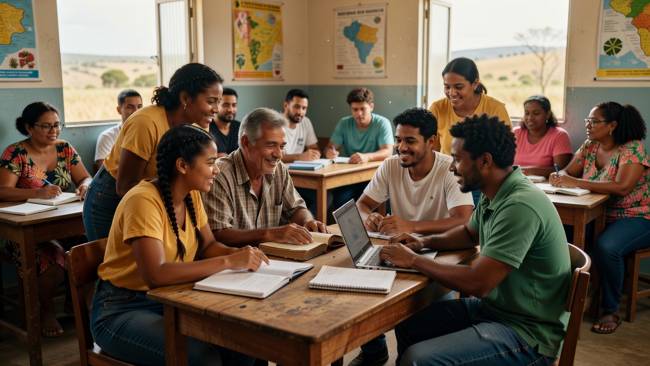 Grupo de adultos brasileiros em sala de aula estudando