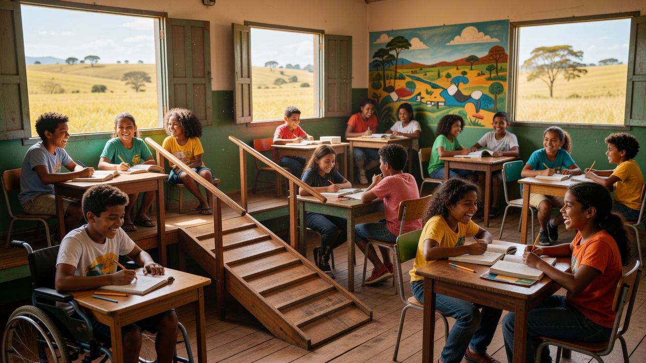 Cena de sala de aula inclusiva no interior do Brasil