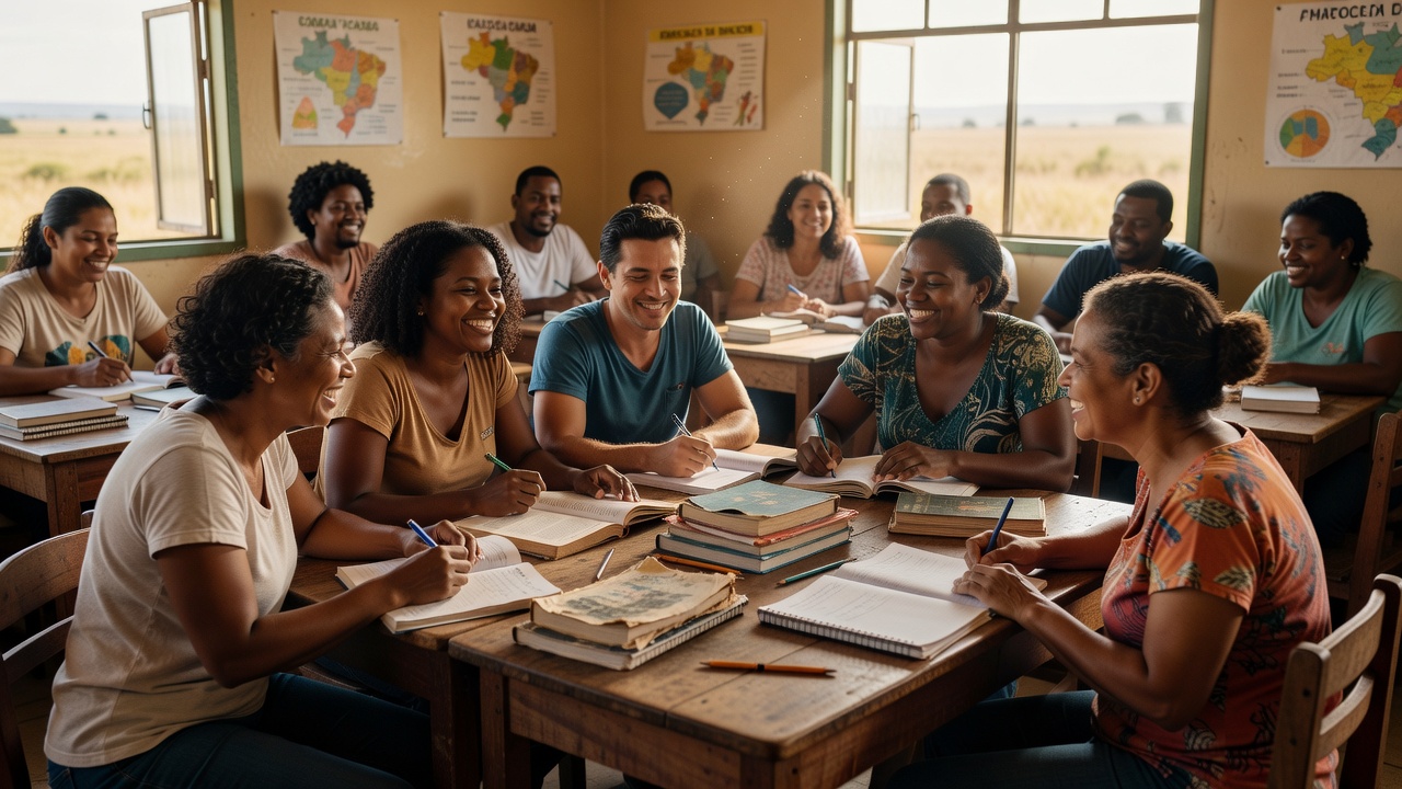 Pessoas diversas estudando juntas em sala comunitária no Brasil