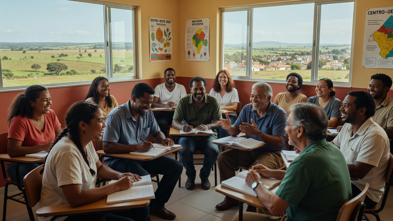 Grupo diversificado de adultos em sala de aula da EJA