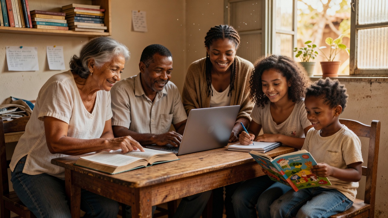 Família brasileira estudando em casa com apoio de associação educacional