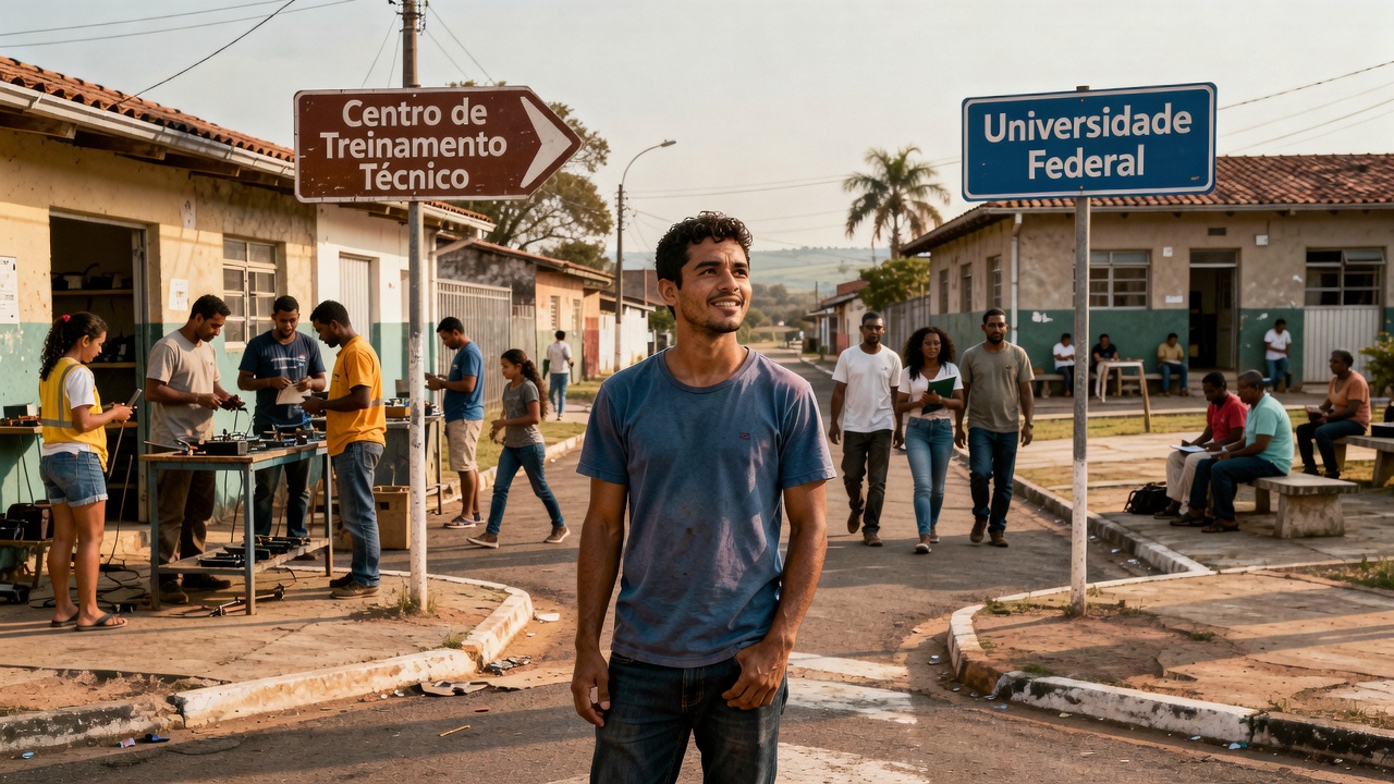 Pessoa avaliando opções de formação técnica e superior