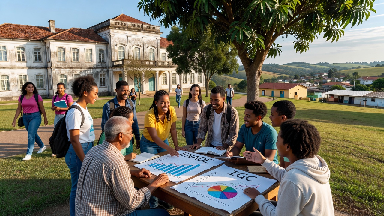 Ilustração de avaliação educacional com gráficos de ENADE e IGC