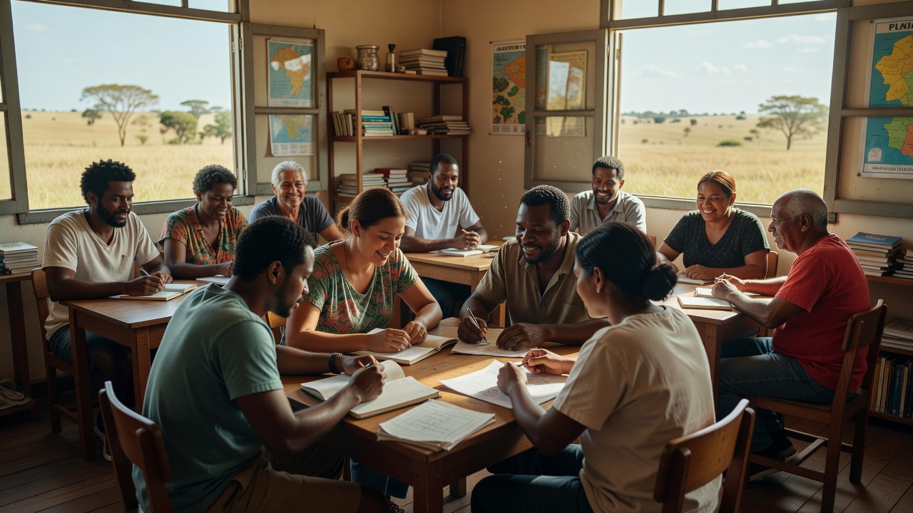 Adultos em sala de aula comunitária estudando