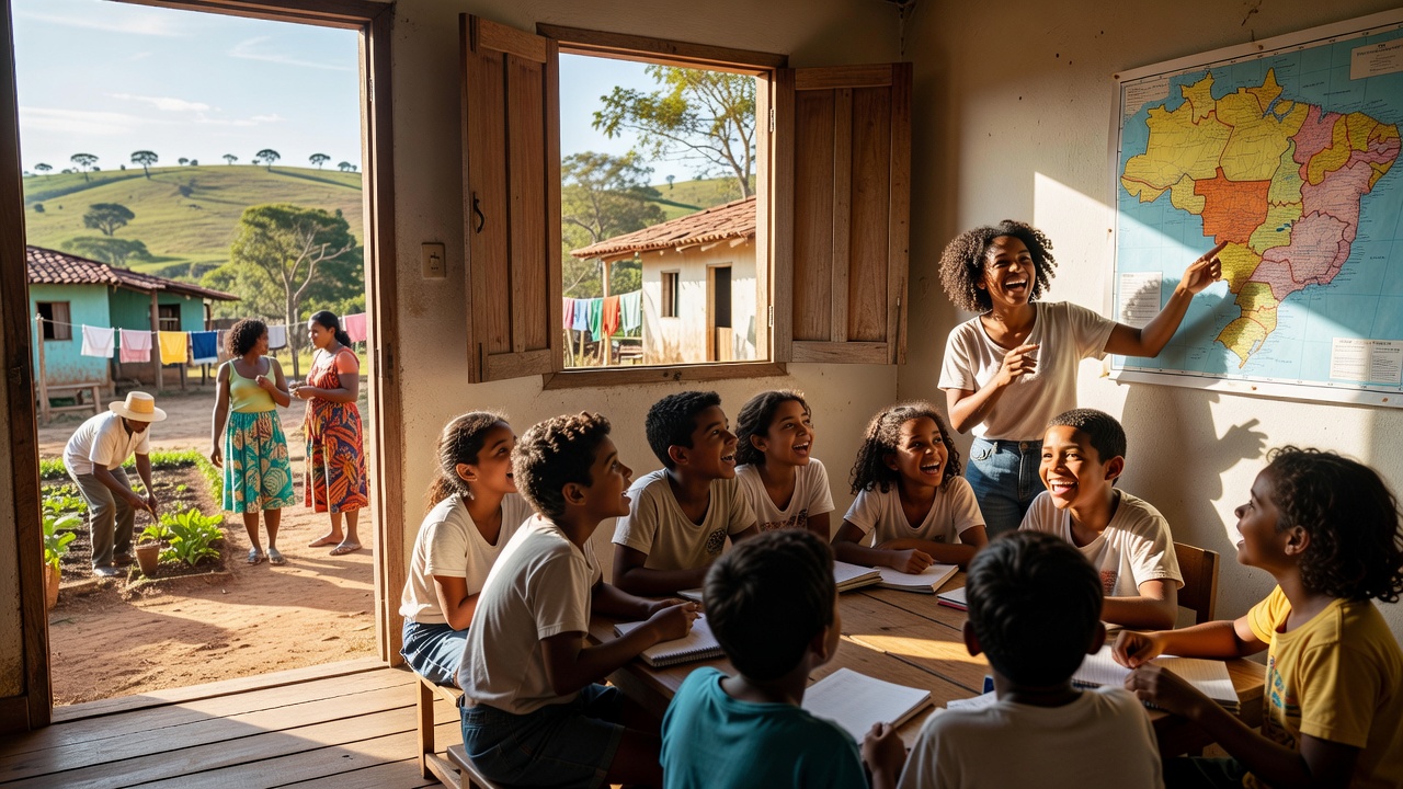 Cena de escola em comunidade quilombola no Brasil